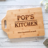 Pop's kitchen is where grandchildren are spoilt. Engraved Father's Day chopping board design for Pop