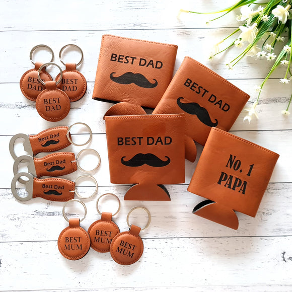 Father's Day stubby holder, keyrings and bottle openers. Leather personalized Best dad drink holder