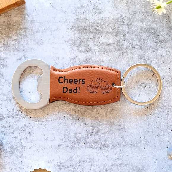 Cheers Dad with beer glasses. Engraved bottle opener