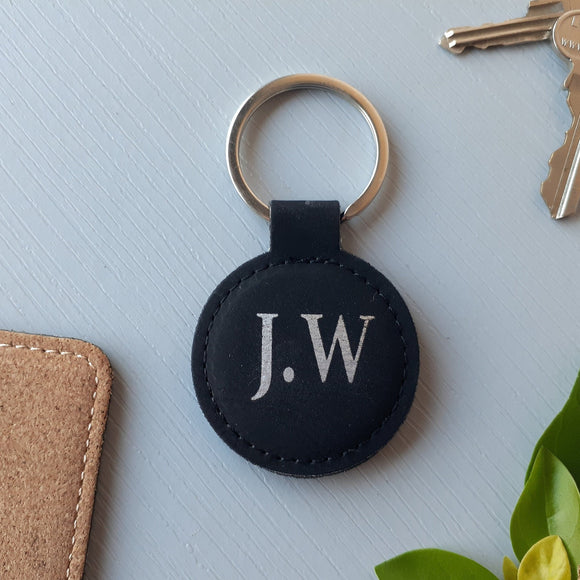 Personalized keyring with initials leatherette black and silver